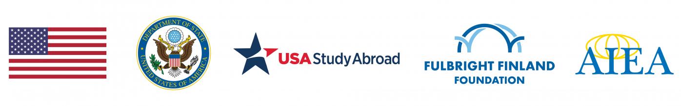U.S. flag, U.S. State Department Seal, USA StudyAbroad logo, Fulbright Finland Foundation logo and AIEA logo