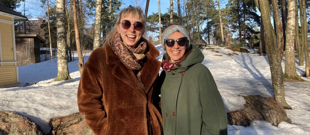 Alyssa Rodriguez with her friend Maimu at a Shrovetide gathering at Seurasaari during sunny winter day.