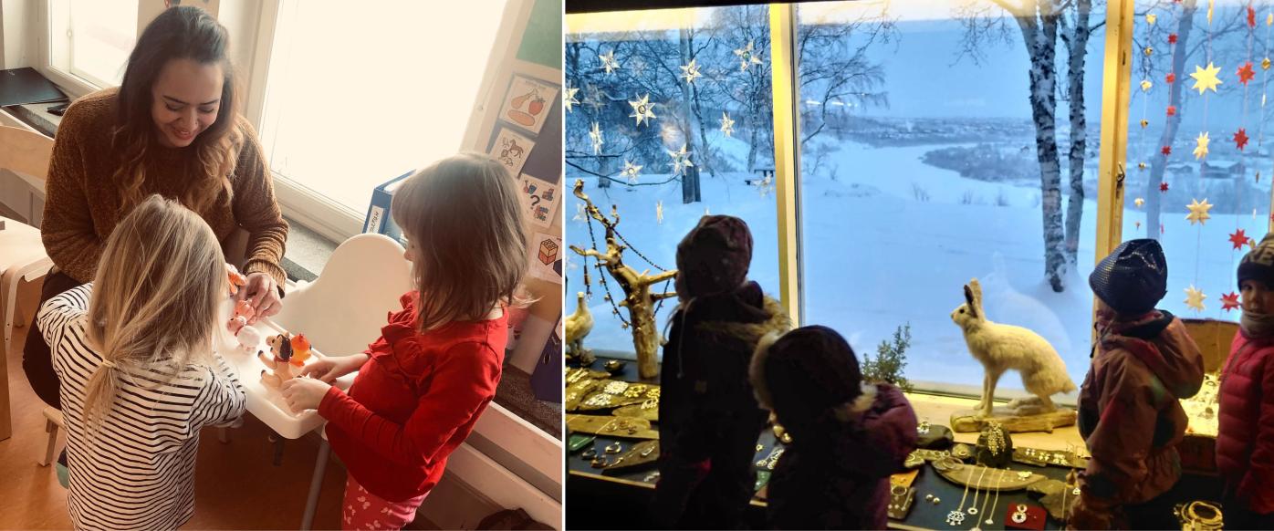 Two photos - on the left Julia Miller is playing with two children, on the right four kindergarten children are looking out of a window to a snowy yard