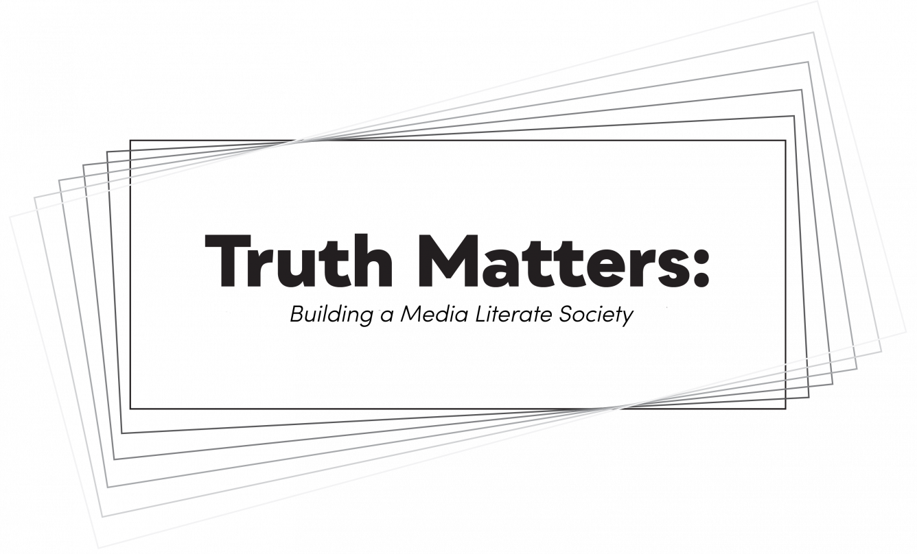 Logo of the Truth Matters: Building a Media Literate society. The logo consists of white rectangles with their frames fading from black to light gray and the name of the seminar is in the middle.