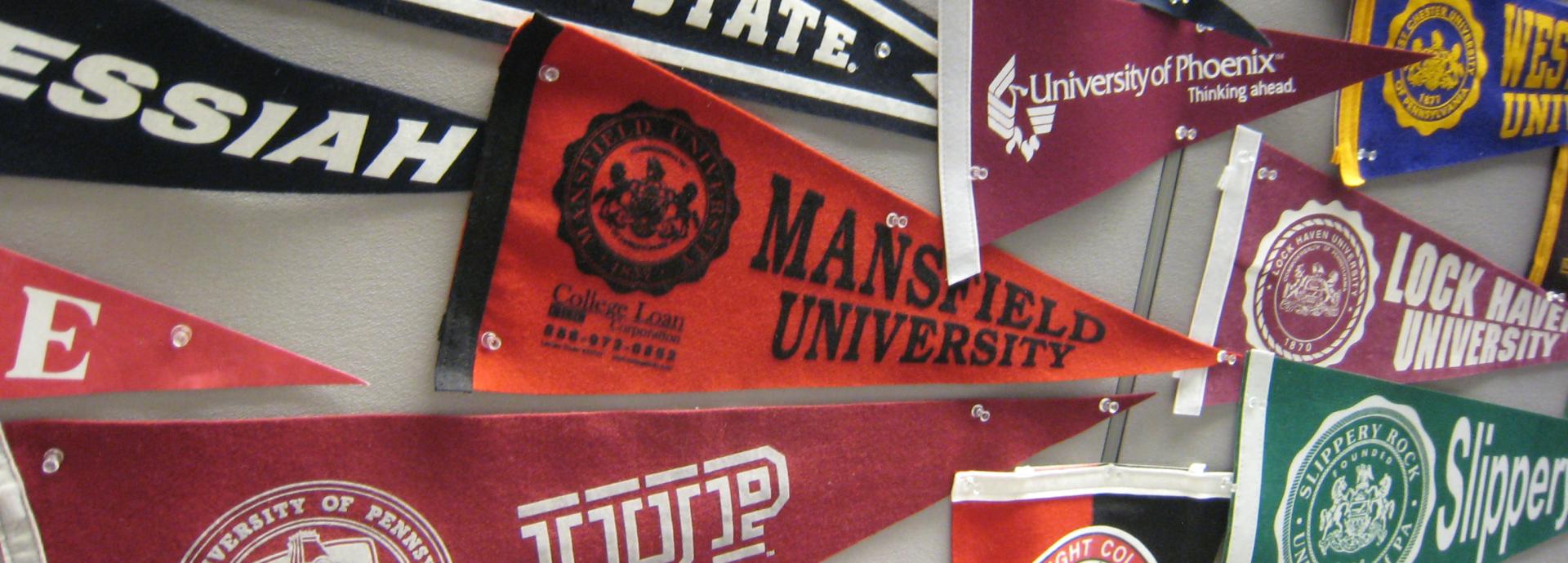 Many different university flags pinned on a wall