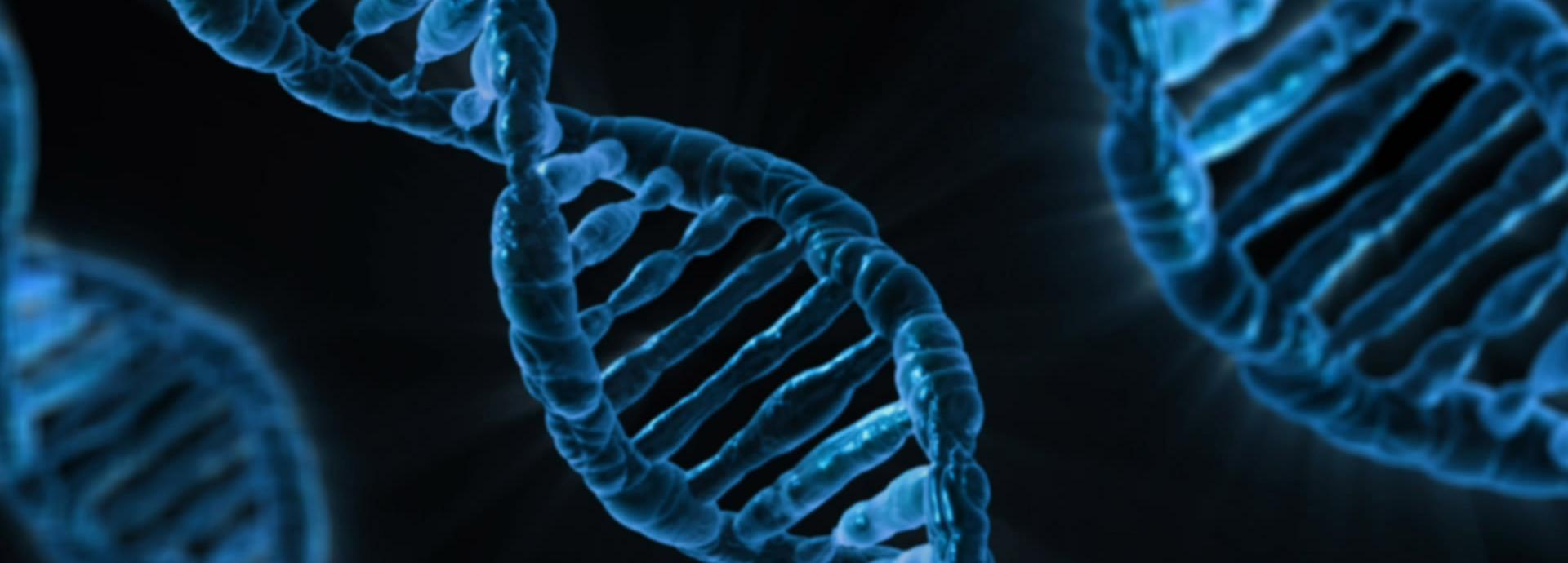 Three pieces of luminous blue DNA strands on a black background