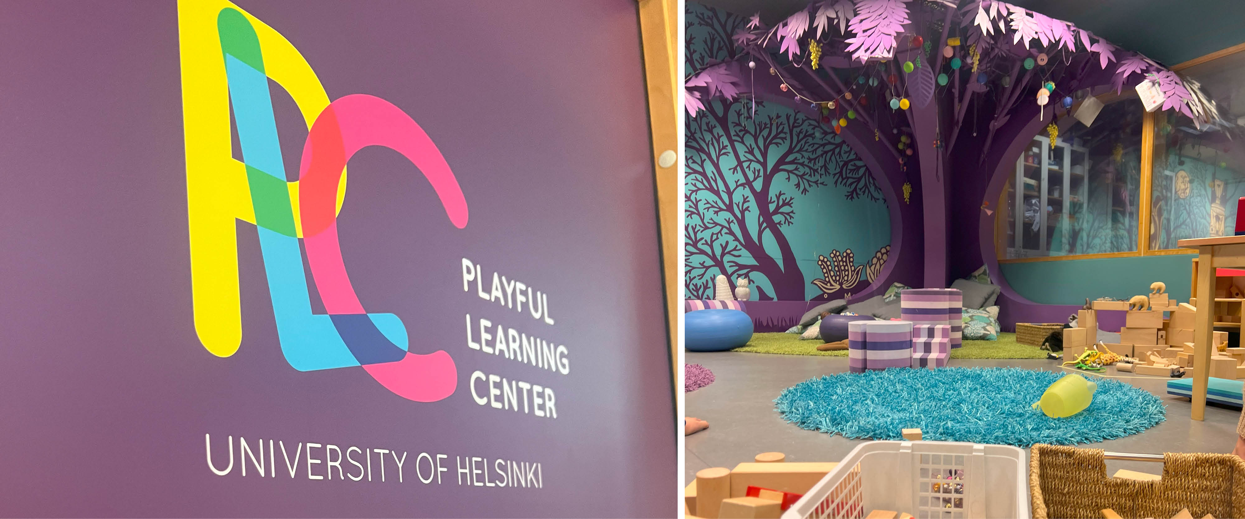 Two photos: on the left the University of Helsinki's Playful Learning Center logo and on the right the playful center's room, with a big purple tree with different colored ornaments hanging from its branches. Also there are kids' toys on the forefront.