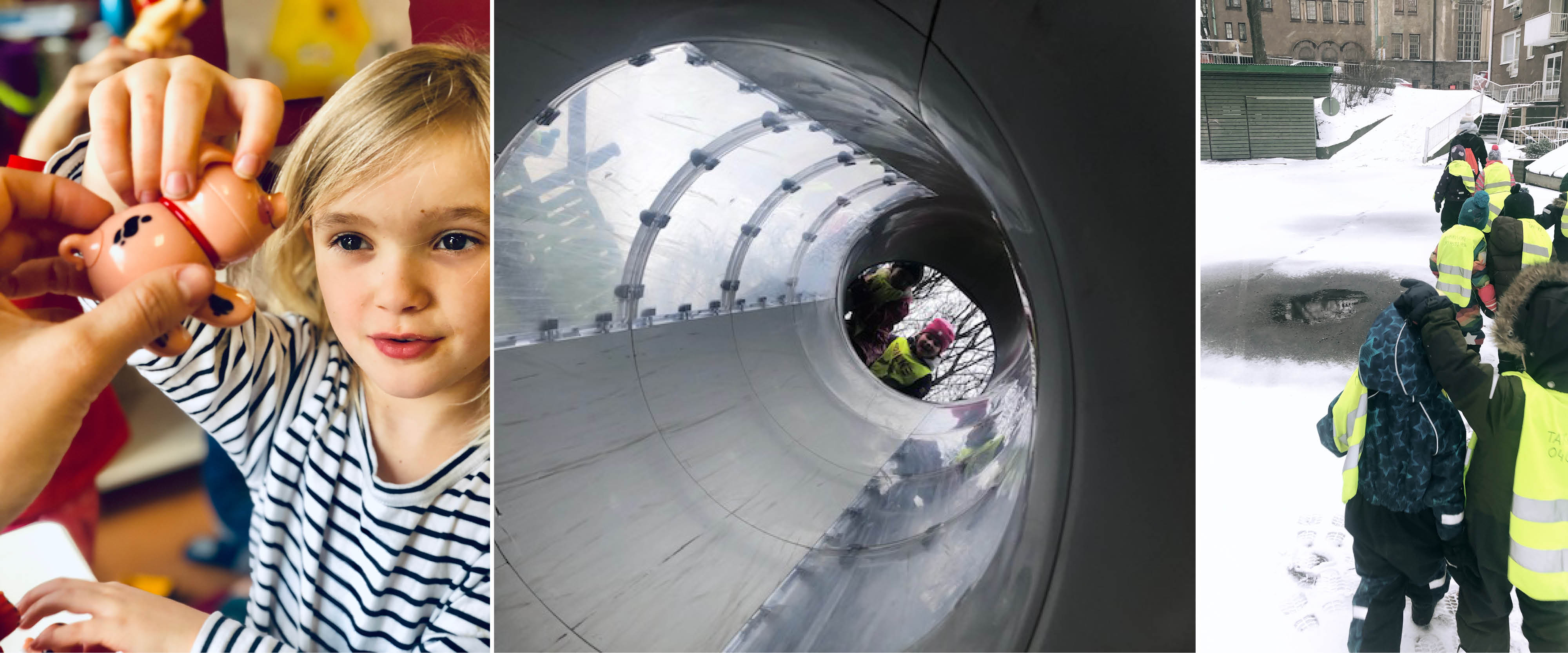 Three photos: on the left, a blonde-haired child wearing a striped shirt taking an animal figure from someone's hand, who is offering it to them. Center. A view up to a tunnel slide, there a two children looking down from the top of the tube. Right: Finnish kindergarteners wearing high-visibility vests during a winter day.