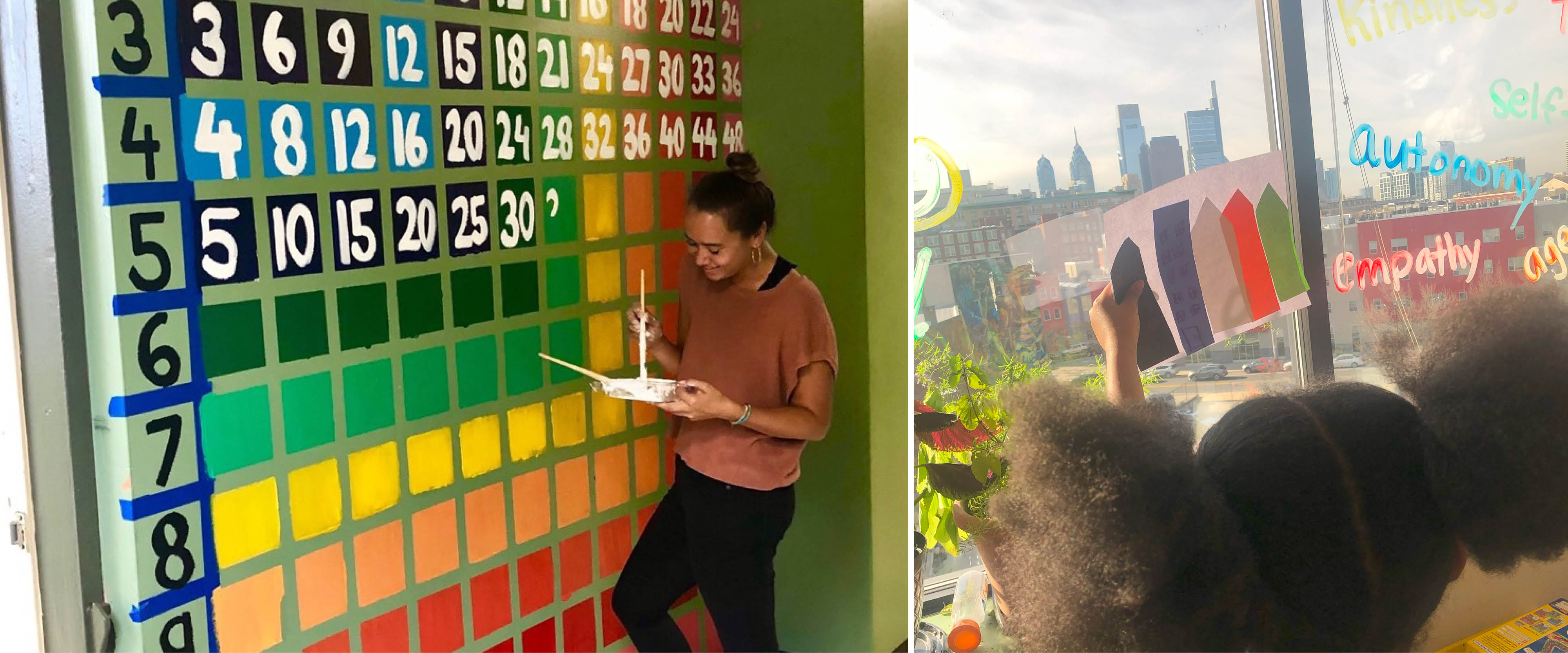 Two photos: on the left, Julia Miller painting a colorful timestable on a school hall wall. On the right, a child holding out a paper against a window. The paper show paper cutouts of buildings, creating a similar view as what can be seen from the window.