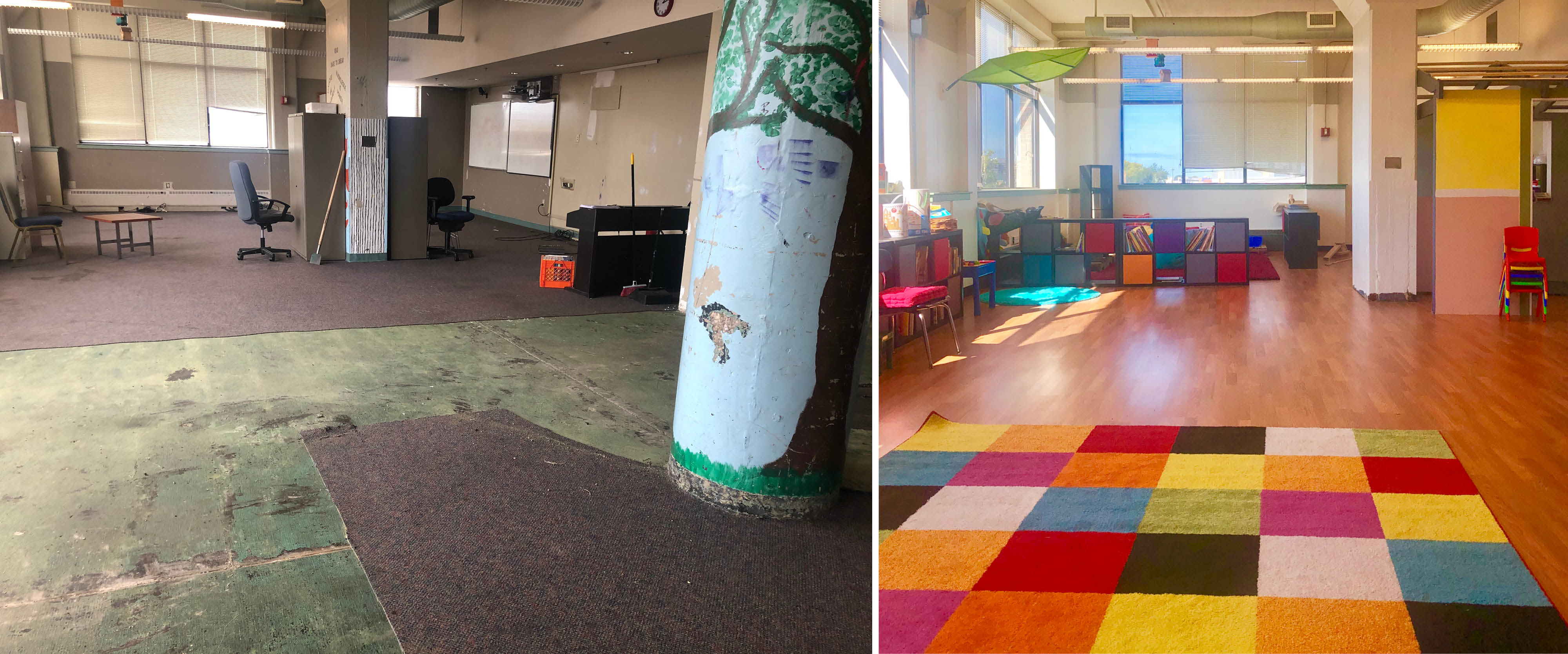 Two photos, on the left an empty space that needs renovating. On the right, after the space has been renovated. Therre are colorful chair, shelfs, a rug and materials for children.