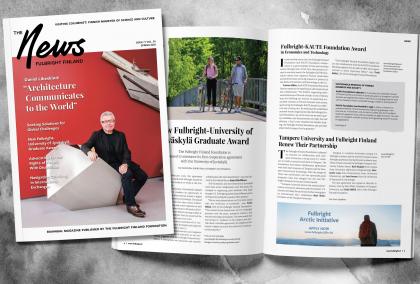 The cover and a feature article of the Fulbright Finland News magazine on a greyish background. The cover features architect Daniel Libeskind photographed in front of bright red background.