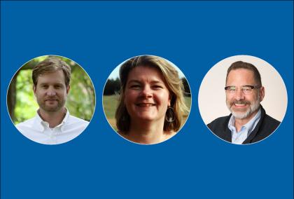 Headshots of Peter Friedrich, Lora Harris, and Steven Livingston on a dark blue background