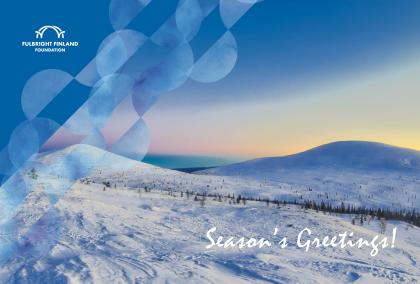 Scene with two fells and a colorful sunset behind them. There is a lot of snow on the ground. On the left corner of the photo there is a white Fulbright Finland Foundation logo on a dark blue background, and next to it the wave pattern of the Foundation.