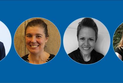 Headshots of Ramón Barthelemy, Emily Harville, Thea Lindquist, and Natalia Magnani in round frames with a dark blue background