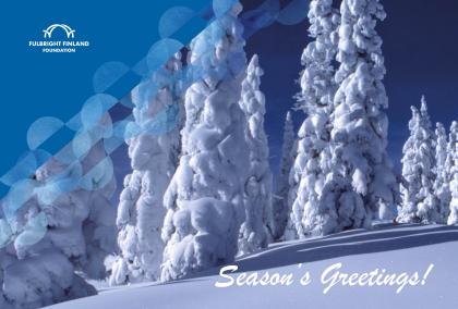 A snowy forest on a clear winter night with text Season's Greetings! written on it.