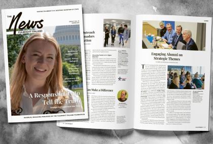 Cover and two articles from the June issue of the Fulbright Finland News magazine. Decorative photo. 
