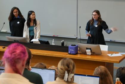 Fulbright U.S. Students Claudia Partridge, Skye Pham, and Chase Friel presenting at the 30th American Voices seminar at the University of Turku.