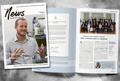 Cover and two articles from the June 2024 issue of the Fulbright Finland News magazine. Decorative photo. 