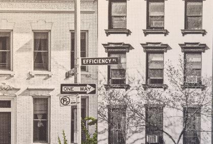 Wall art of a street view with "one way" sign 