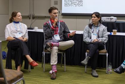 Fulbright Finland Foundation grantees Emilia Luiro (2nd from the left) and Vesa Orassalo (speaking) presenting with the Nordic Delegation at the Arctic Encounter Symposium.