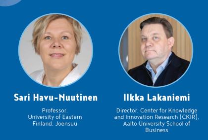 Headshots of Sari Havu-Nuutinen and Ilkka Lakaniemi on a dark blue background