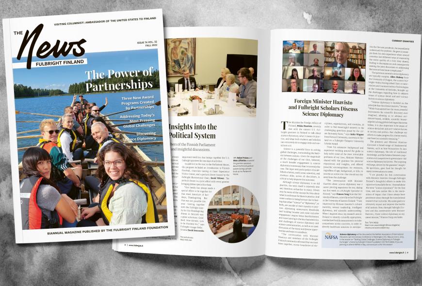 A feature image of the Fulbright Finland News magazine 2/22. The cover features the U.S. Fulbrighters rowing a 16 seated rowing boat.