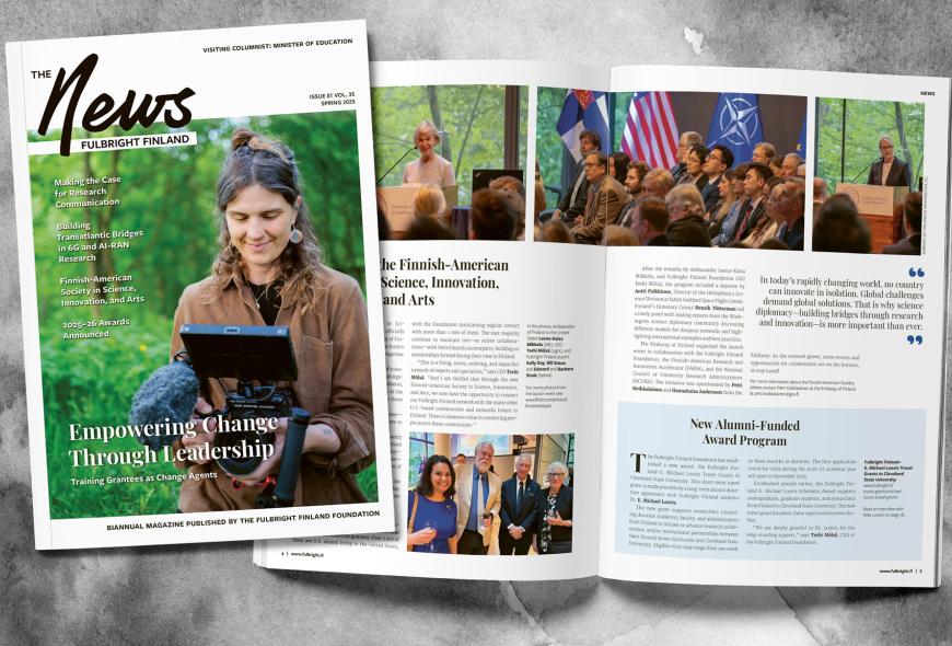 Cover and two pages of the Fulbright Finland News magazine 1/2025