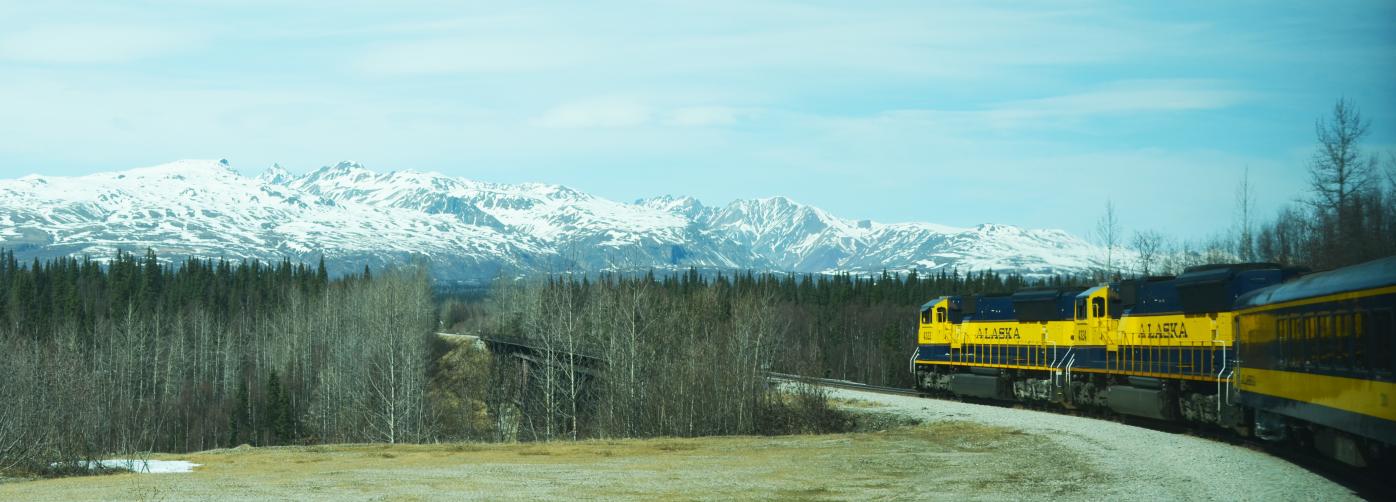 Aurora Winter Train in a middle of wilderness of Alaska