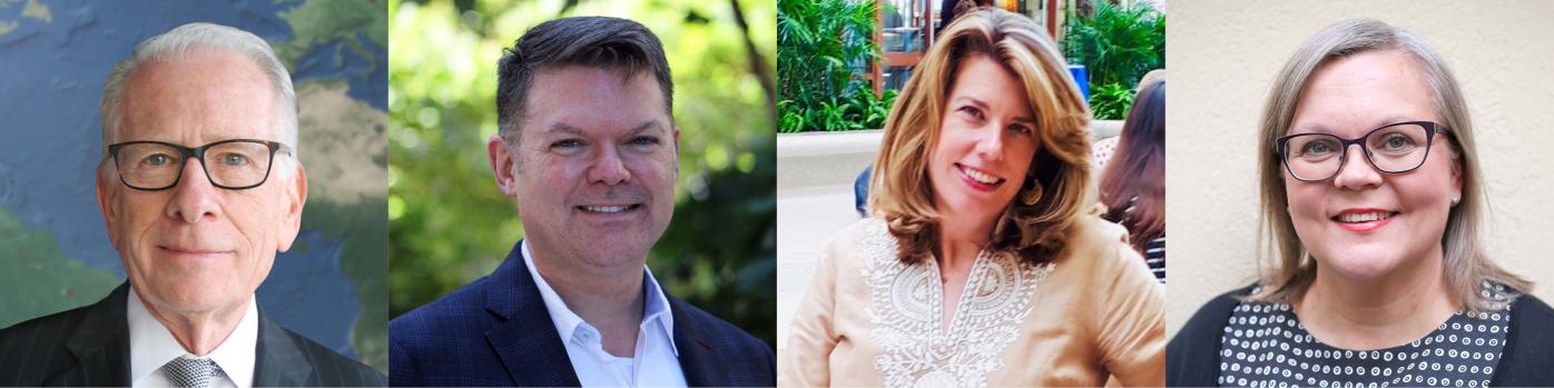 A collage of head shots of four speakers of the Transatlantic Roundtable: Allan Goodman, John Lucas, Julie E. Taylor, and Birgitta Vuorinen