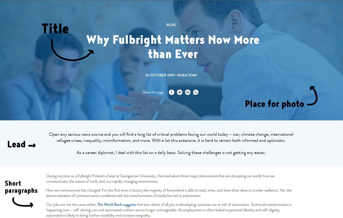 Instructional screen shot of a blog with arrows pointing to the title, photo, lead and short paragraphs