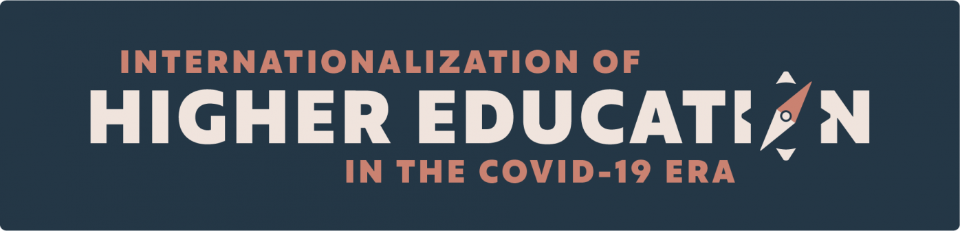 Logo for the webinar series "Internationalization of Higher Education in the COVID-19 Era" on a dark background. The logo consists of the name of the series with the "o" in the word education being a compass.