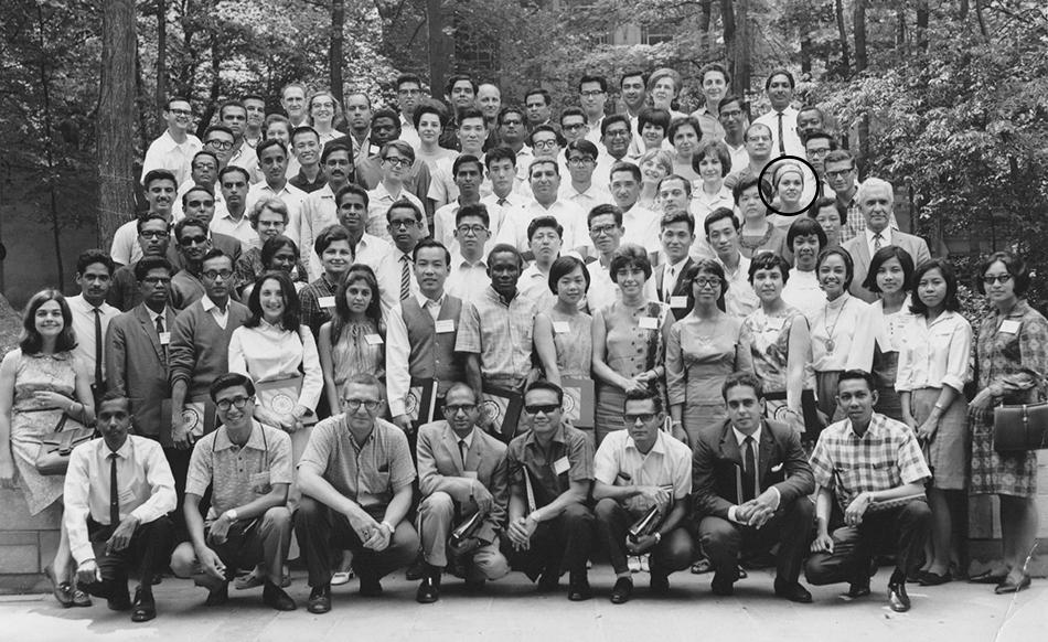 Black and white group photo of Fulbright students who in the summer of 1967 attended a State Department's orientation to life on an American campus in Bloomington, Indiana.