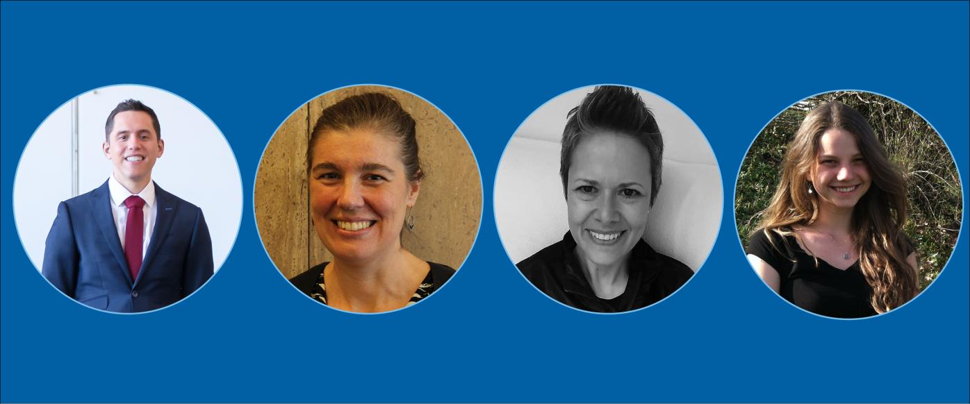 Headshots of Ramón Barthelemy, Emily Harville, Thea Lindquist, and Natalia Magnani in round frames with a dark blue background