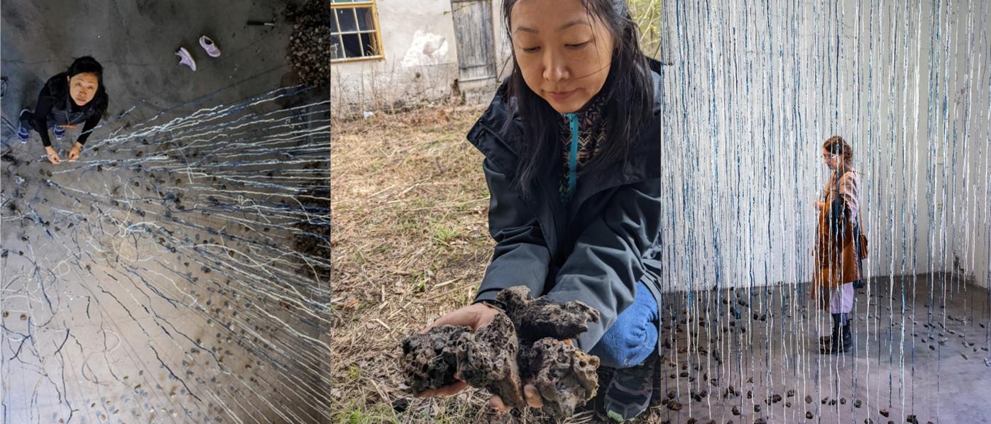 Three photos of Beili Liu's Still Winds installation. On the left Beili is photographed above while she is working on the installation. The middle photo show's Beili collecting stones, and on the right picture, a woman is standing in the middle of the installation.