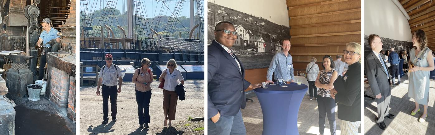 Collage of 4 photos from the 75th anniversary celebration at Mystic Seaport, CT. The photos feature a person doing smith work in the museum, people walking infront of one of the old ships, people smiling at the camera in the reception venue and two people talking together.