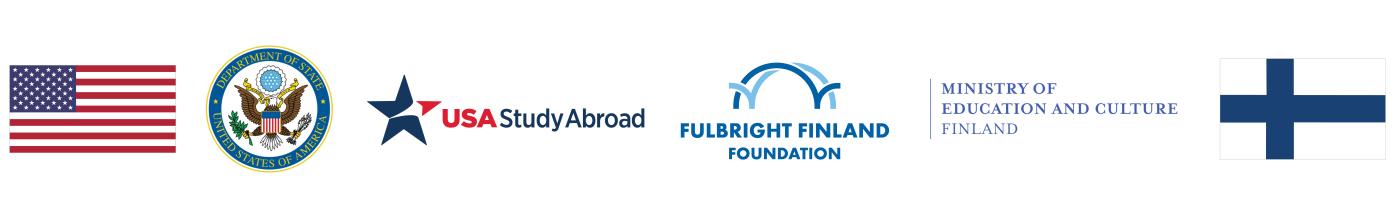 Row of logos and flags, from left to right: U.S. flag, the U.S. Department of State, USAStudyAbroad, Fulbright Finland Foundation and Ministry of Education and Culture of Finland and Finnish flag