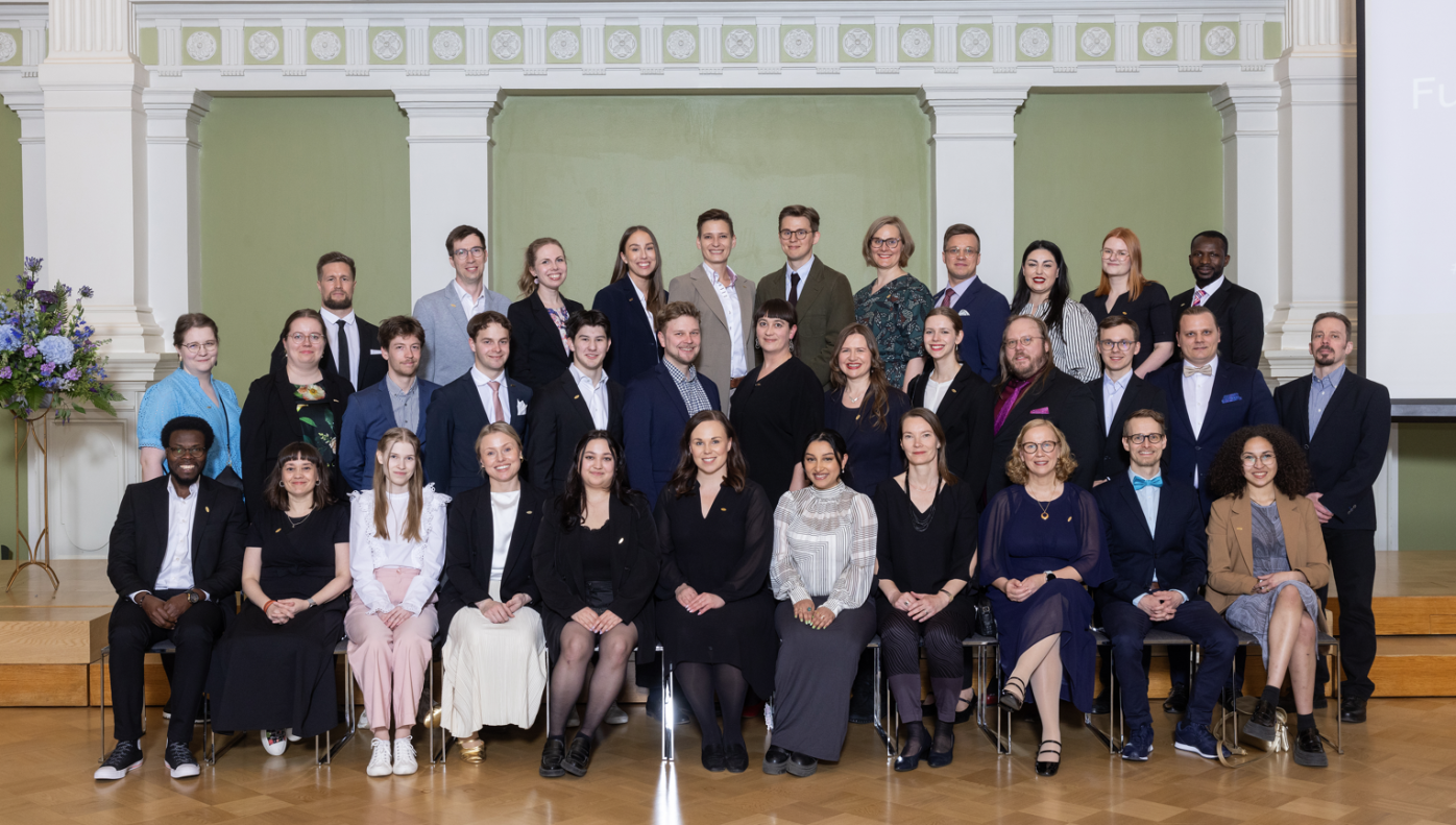 Group photo 2024-25 Fulbright Finland Foundation awardees to the U.S. taken at the Helsinki City Hall