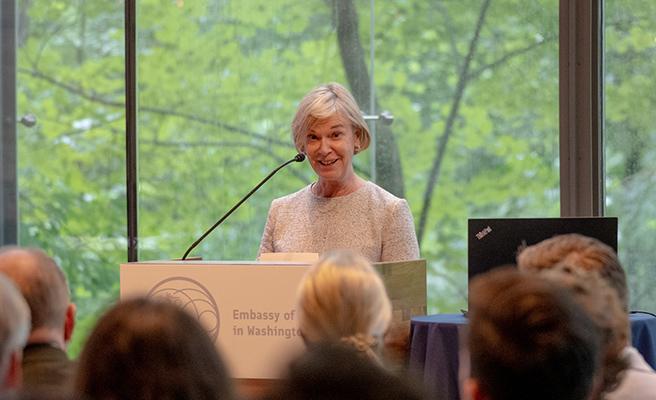 Ambassador of Finland to the United States Leena-Kaisa Mikkola talking at the launch event. Photo: Embassy of Finland in Washington, D.C.