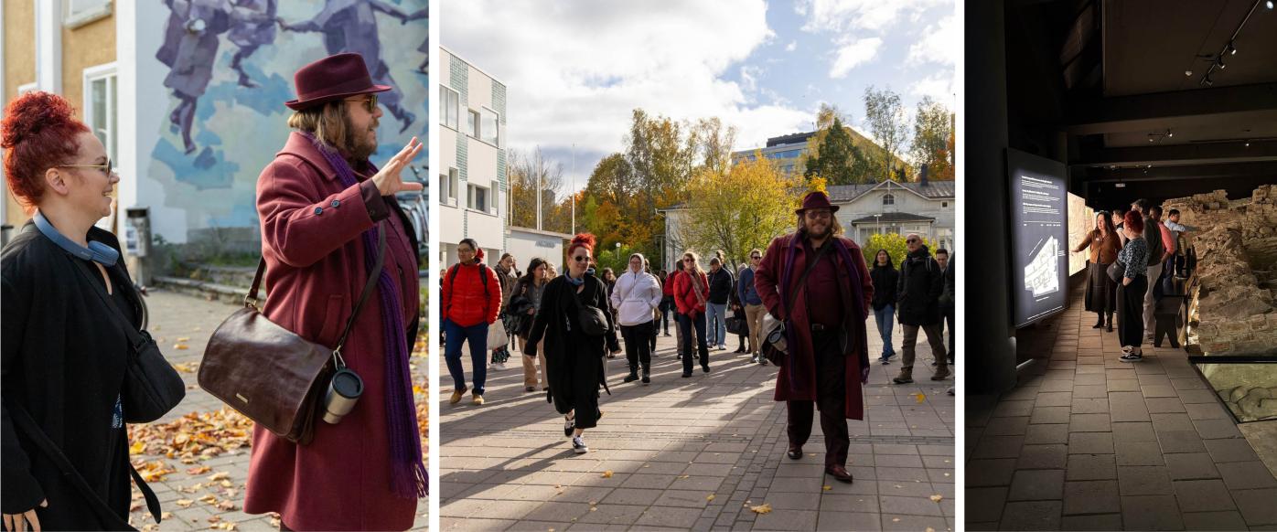 Three photos of the alumni event in Turku, including a walking tour and guided tour of the Aboa Vetus Ars Nova museum.