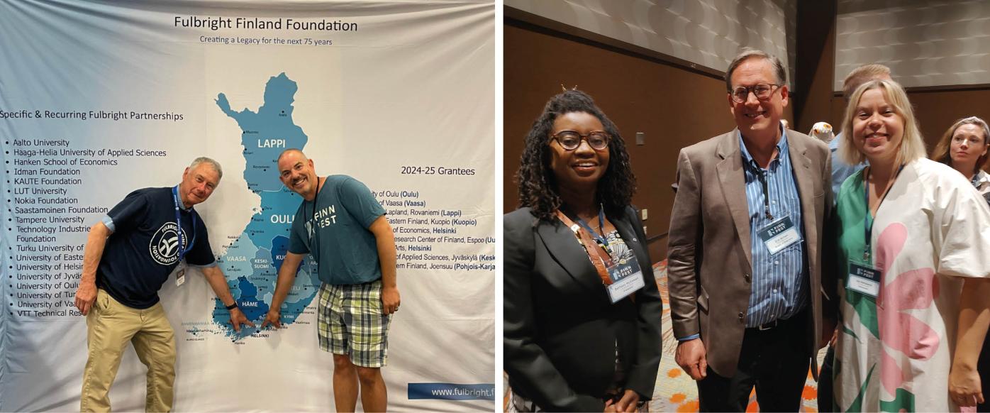 Two photos from FinnFest: on left, two men are pointing to a map of Finland. On right, three people standing next to each other, smiling at the camera.