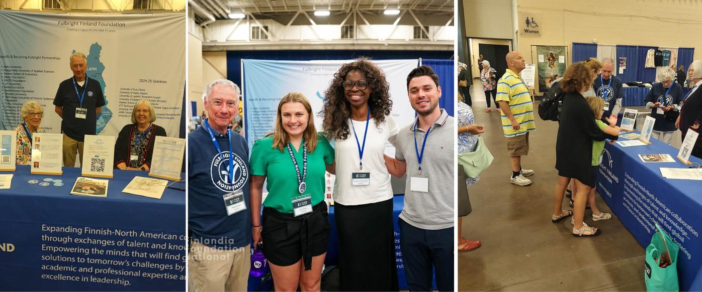Three photos from FinnFest: on the left, three alumni at the Foundation's booth at tori. In the middle, four people standing next to each other, smiling at the camera. On the right, people queueing up to the Foundation's booth at Tori, waiting to speak with alumni.