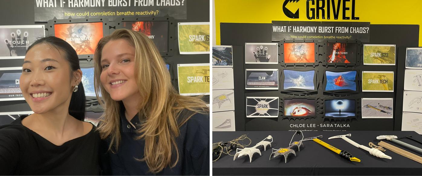 Two photos: on the left Sara Talka with her course friend Chloe Lee, on the right an exhibition table with their design examples.