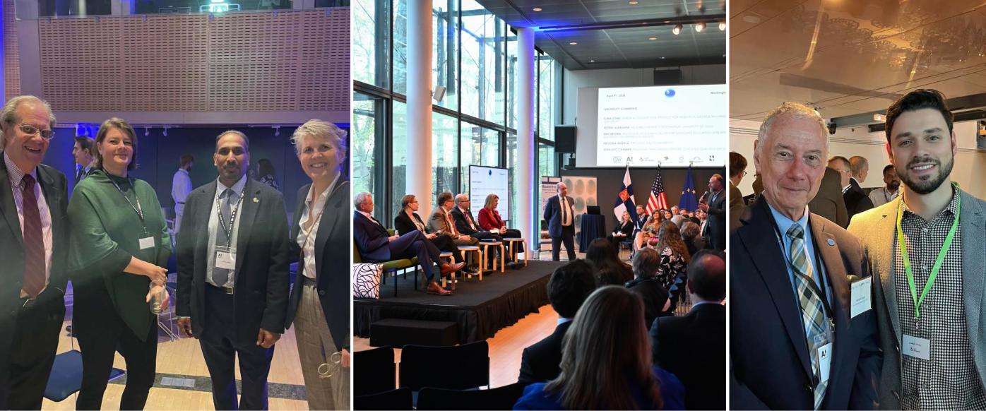 Three photos: first one has four Fulbright alumni next to each other, smiling at the camera. The middle photo shows five speakers in a panel discussion format and person standing up, asking a question from the audience; the picture of the right has two people smiling at the camera.
