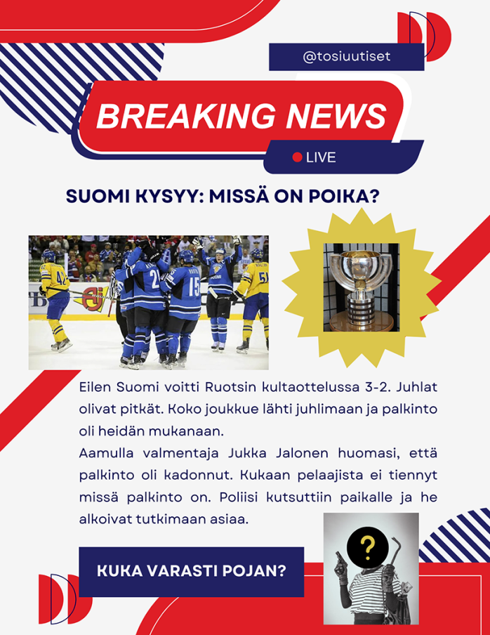 A poster introducing an escape room story to Finnish language students.
