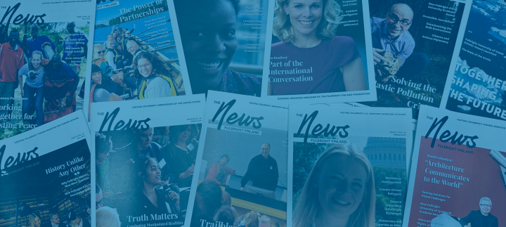 Selection of Fulbright Finland News magazine covers on a table with a blue color over the photo