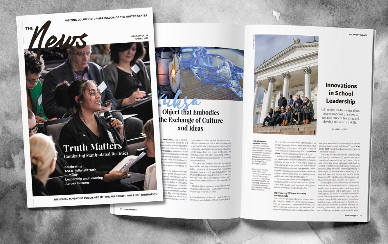 Cover and featured spread of the Fulbright Finland News Magazine 1/19