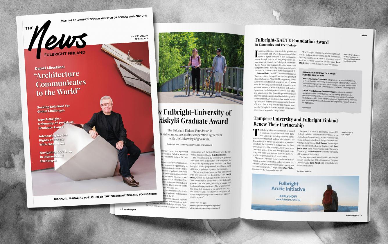 The cover and a feature article of the Fulbright Finland News magazine on a greyish background. The cover features architect Daniel Libeskind photographed in front of bright red background.