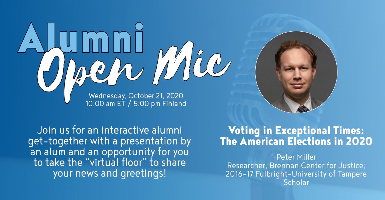 An ad for alumni open mic with description of the event and headshot of the guest speaker Peter Miller. The background has a photo of a microphone with a blue gradient over the whole photo.