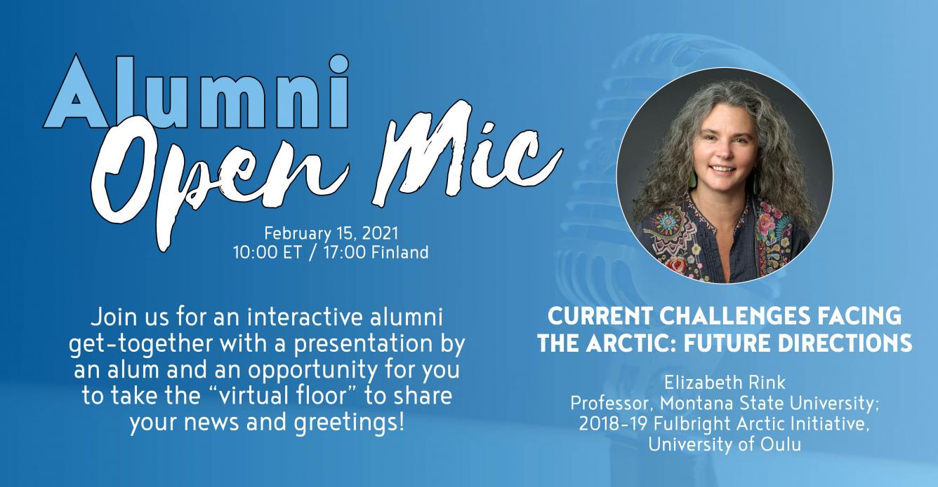 A promotional banner for Alumni Open Mic event.