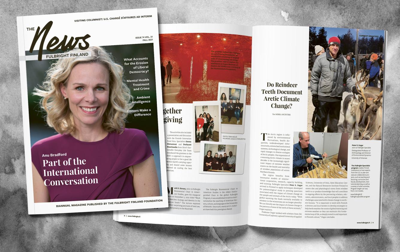 An image of the cover of the Fulbright Finland News magazine 221 featuring a headshot of Anu Bradford. Behind the cover there are two pages of the magazine visible.