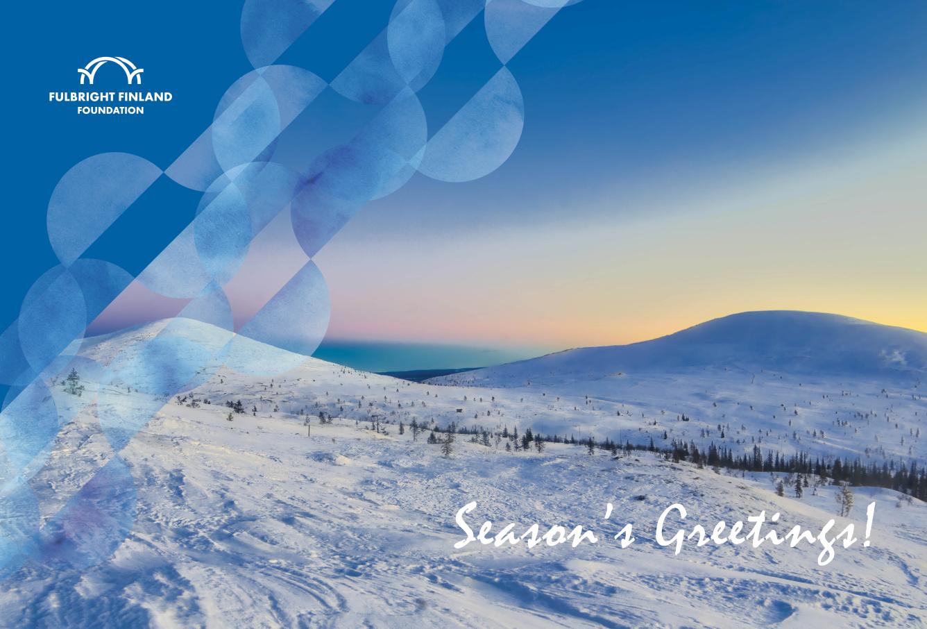 Scene with two fells and a colorful sunset behind them. There is a lot of snow on the ground. On the left corner of the photo there is a white Fulbright Finland Foundation logo on a dark blue background, and next to it the wave pattern of the Foundation.