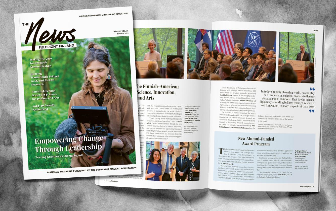 Cover and two pages of the Fulbright Finland News magazine 1/2025