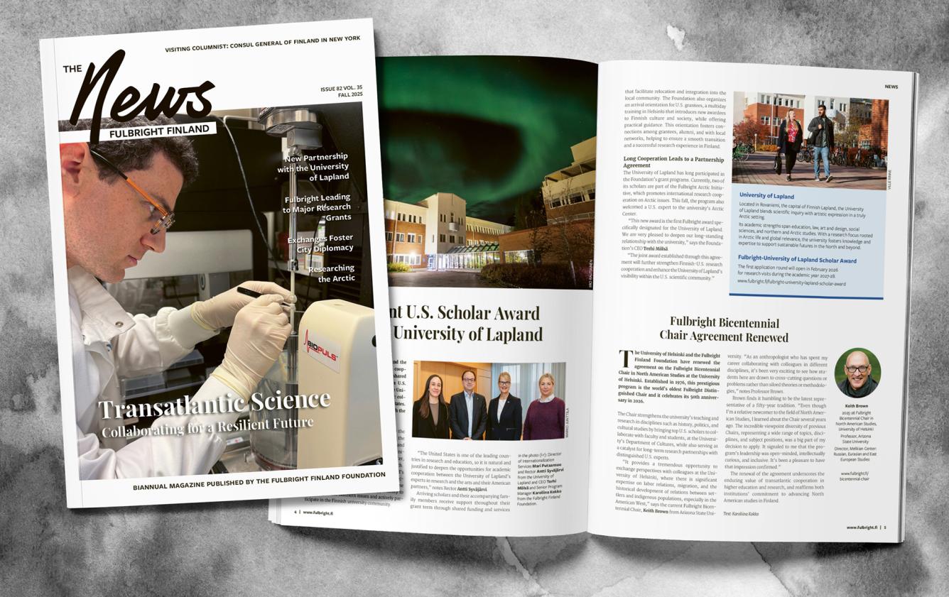 Cover and two pages of the Fulbright Finland News magazine 2/2025