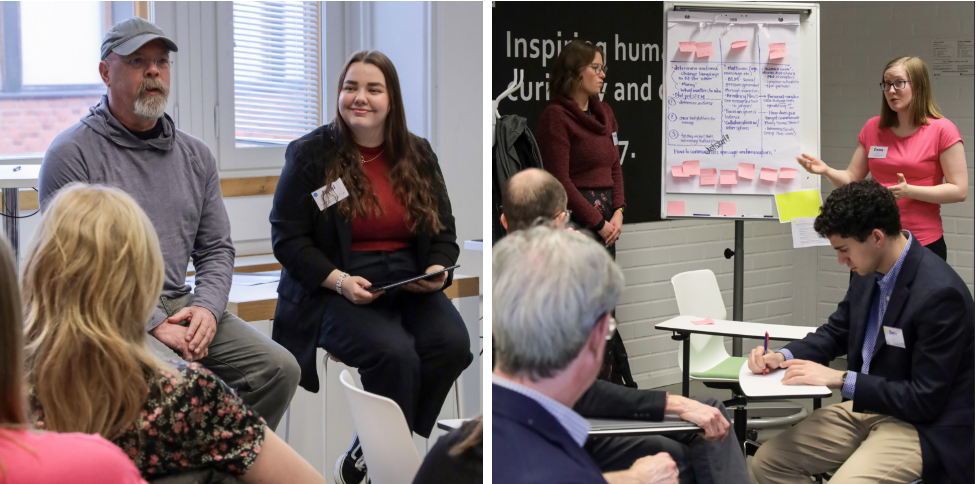 Two photos next to each other, on the left Jamie Hyneman with Jenni Ahonen during a discussion and on the right two people in front of a white board explaining the writing on it to an audience